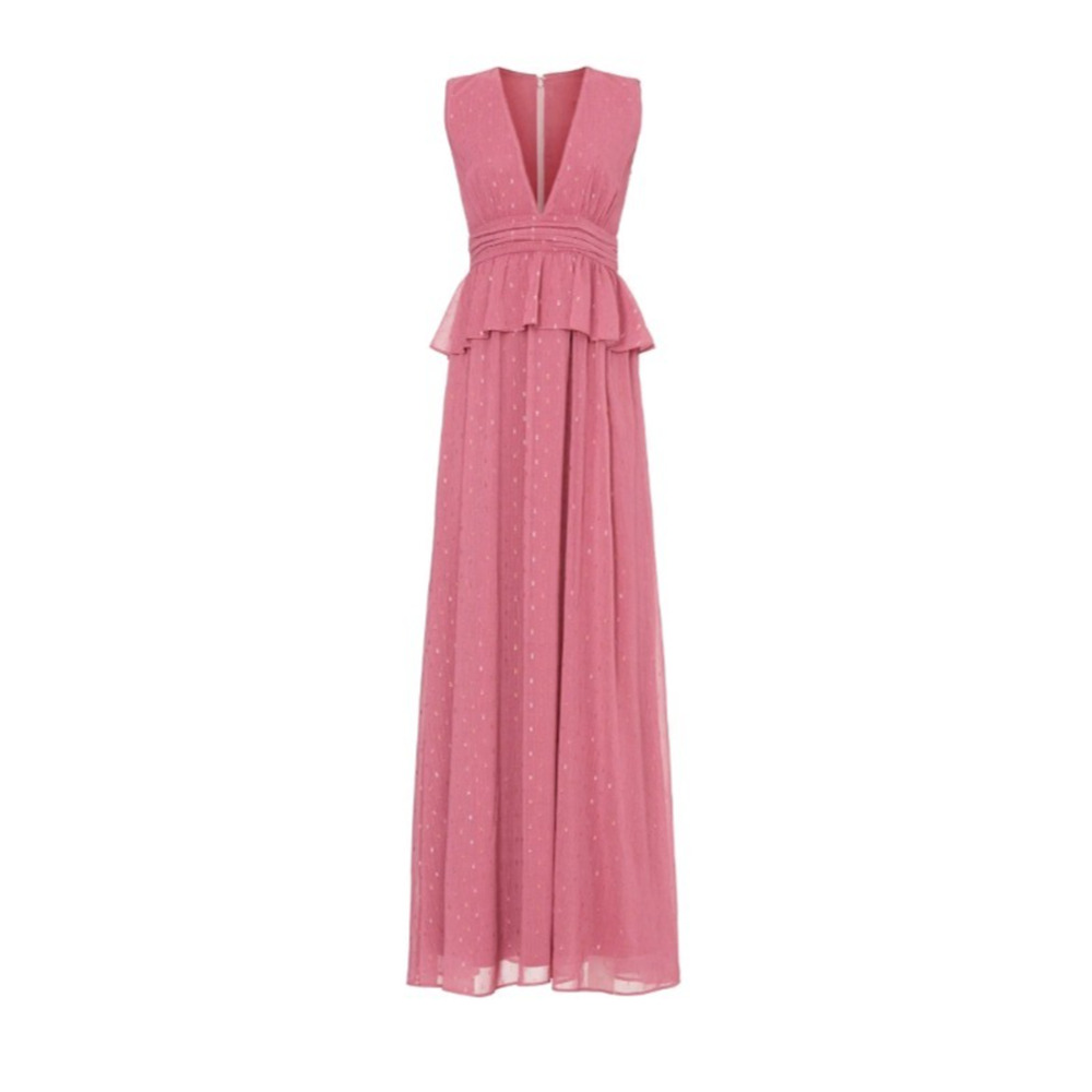 LDT Blair Rose Pink‎ Sheer Chiffon Peplum Ruffle Coquette Swiss Dot Maxi Gown 2